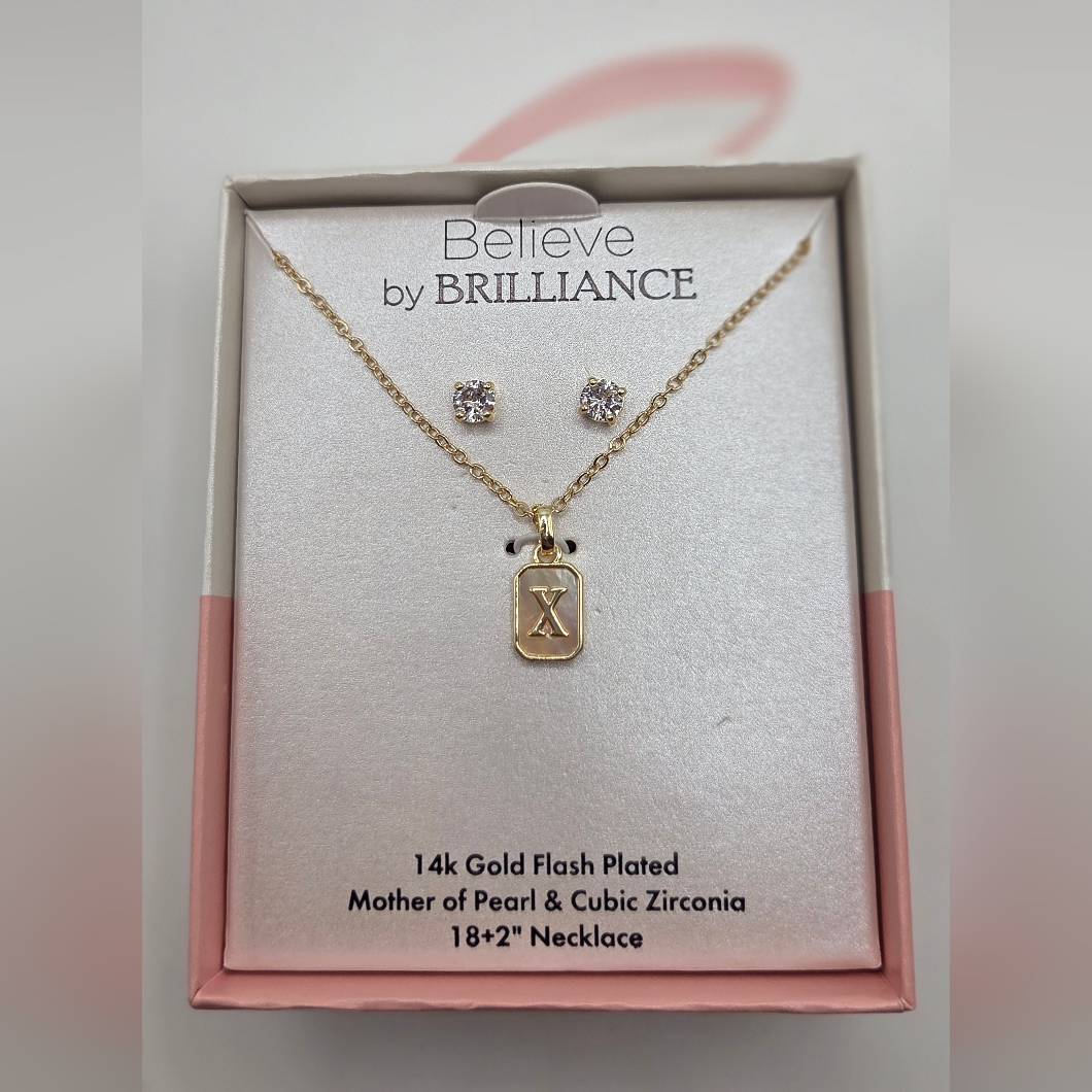 Believe By Brilliance Gold Necklace With Mother Of Pearl X Pendent & Earrings